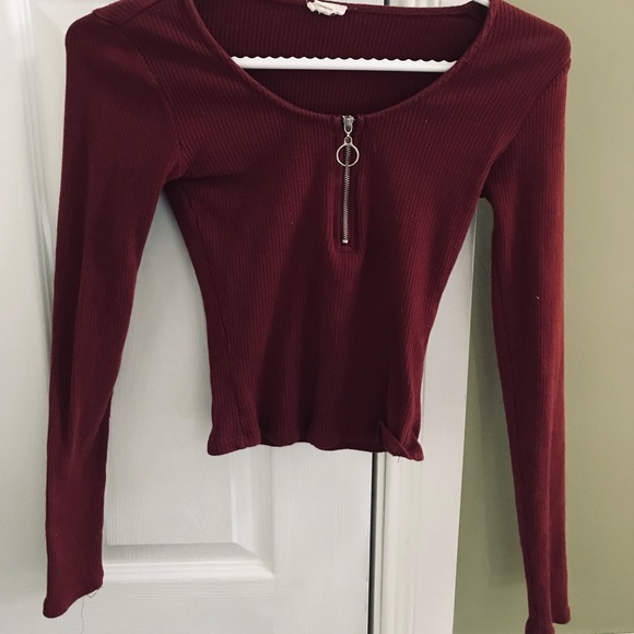 Maroon Quarter Zip Crop Top - Picture 1 of 2